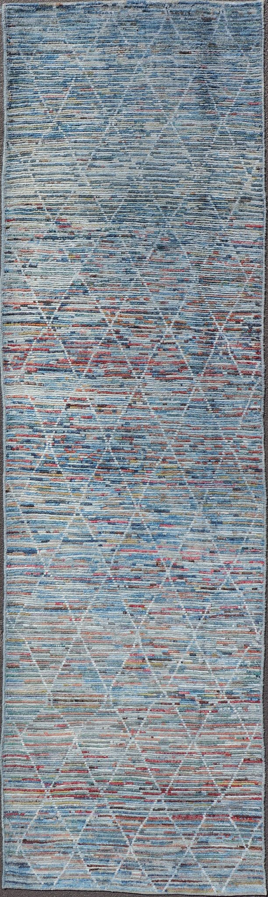 Colorful Moroccan Style Gallery Runner in Diamond and Modern Design. Modern and casual Gallery in Moroccan Style with fine wool. Colors include blue, green, red, gray, and yellow. Modern diamond design, Afghan Modern Kilim, Geometric design. Rug... - Keivan Woven ArtsAFG - 31924 - 13998Rug
