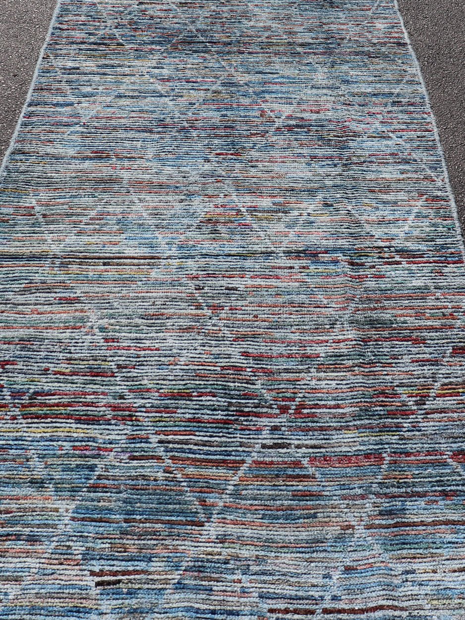 Colorful Moroccan Style Gallery Runner in Diamond and Modern Design. Modern and casual Gallery in Moroccan Style with fine wool. Colors include blue, green, red, gray, and yellow. Modern diamond design, Afghan Modern Kilim, Geometric design. Rug... - Keivan Woven ArtsAFG - 31924 - 13998Rug