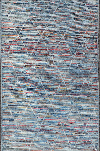 Colorful Moroccan Style Gallery Runner in Diamond and Modern Design. Modern and casual Gallery in Moroccan Style with fine wool. Colors include blue, green, red, gray, and yellow. Modern diamond design, Afghan Modern Kilim, Geometric design. Rug... - Keivan Woven ArtsAFG - 31924 - 13998Rug