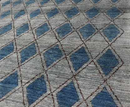 Modern Casual Design Tribal Rug with Diamond Pattern in Gray, Blue, and Brown. blue, gray, andbrown rug with modern casual design and natural wool, rug AFG - 31952, country of origin / type: Afghanistan / Modern, This classic natured Moroccan ... - Keivan Woven ArtsAFG - 31952 - 15917Rug