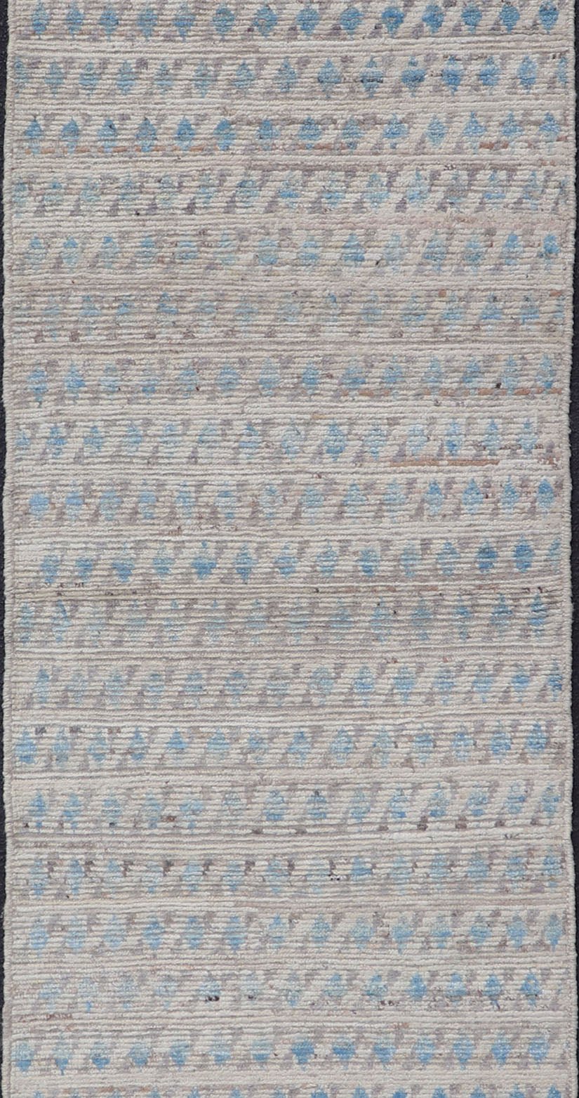 Gray, Cream and Blue Casual Tribal Design Runner in Modern Modern piled rug with all - over tribal design in blue, rug AFG - 32073, country of origin / type: Afghanistan / Piled, condition: new This brand new rug features a modern tribal all - ... - Keivan Woven ArtsAFG - 32073 - 14006Rug