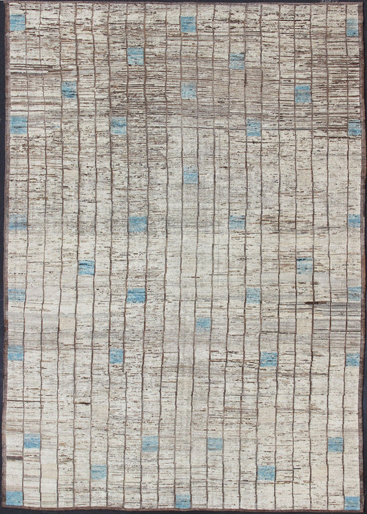 Modern Afghanistan Rug in Neutral Tones with Subdued Design With Pops of Blue Neutral tone rug with Moroccan free - flowing tribal design, rug AFG - 33303, country of origin / type: Afghanistan / Kilim. The subdued design of this rug makes it... - Keivan Woven ArtsAFG - 33303 - 13836Rug