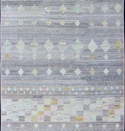Casual Modern Design Rug in Light Grey and Pops of Colors Neutral tone rug with casual modern design, rug AFG - 33319, country of origin / type: Afghanistan / Moroccan tribal, modern casual The design of this piled rug makes it perfect fo... - Keivan Woven ArtsAFG - 33319 - 13864Rug