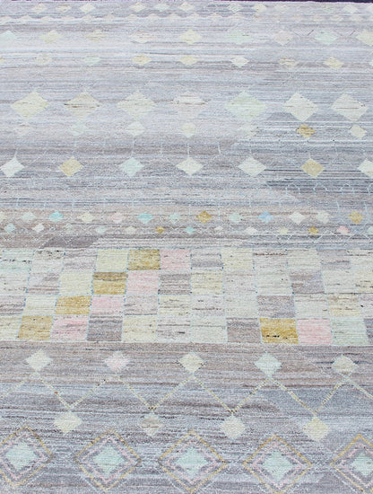 Casual Modern Design Rug in Light Grey and Pops of Colors Neutral tone rug with casual modern design, rug AFG - 33319, country of origin / type: Afghanistan / Moroccan tribal, modern casual The design of this piled rug makes it perfect fo... - Keivan Woven ArtsAFG - 33319 - 13864Rug