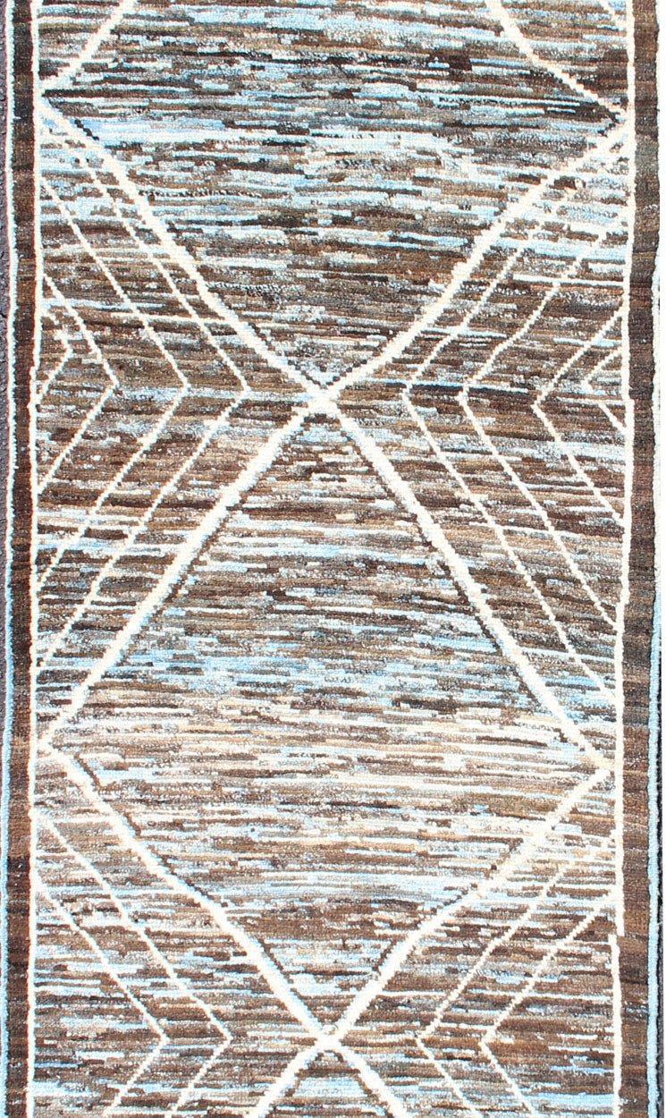 Modern Runner in Brown, Lt. Blue Tones with diamond & Geometric Design. various Blue and Brown tones rug with Moroccan free - flowing tribal design, rug AFG - 33322, country of origin / type: Afghanistan / The subdued design of this piled r... - Keivan Woven ArtsAFG - 33322 - 13868Rug