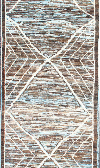 Modern Runner in Brown, Lt. Blue Tones with diamond & Geometric Design. various Blue and Brown tones rug with Moroccan free - flowing tribal design, rug AFG - 33322, country of origin / type: Afghanistan / The subdued design of this piled r... - Keivan Woven ArtsAFG - 33322 - 13868Rug