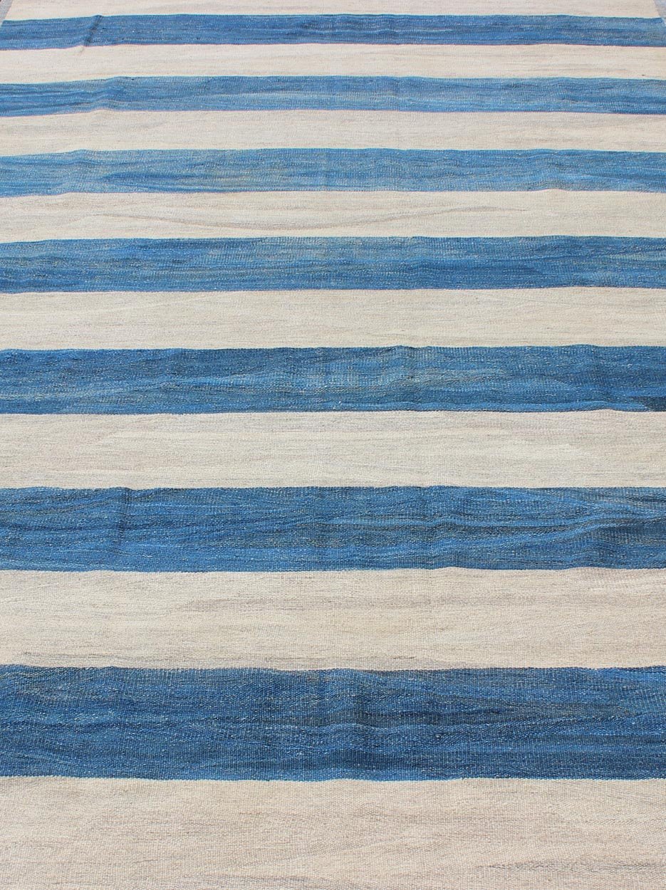 Keivan Woven Arts Modern Stripe Patterned Kilim in Blue and Ivory. Keivan Woven Arts rug AFG - 3439, Keivan Woven Arts / country of origin / type: Afghanistan / Kilim. Measures: 6'4 x 9'8 This playful piece features a all - over design that evokes ... - Keivan Woven ArtsAFG - 3439 - 10396Rug