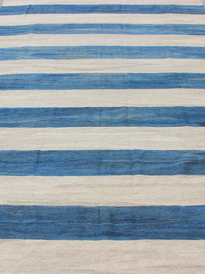 Keivan Woven Arts Modern Stripe Patterned Kilim in Blue and Ivory. Keivan Woven Arts rug AFG - 3439, Keivan Woven Arts / country of origin / type: Afghanistan / Kilim. Measures: 6'4 x 9'8 This playful piece features a all - over design that evokes ... - Keivan Woven ArtsAFG - 3439 - 10396Rug