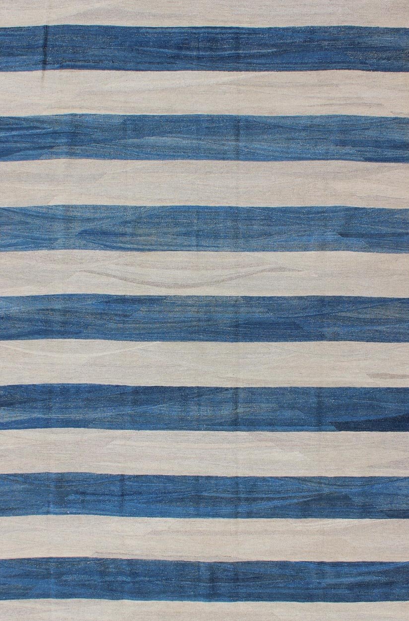 Keivan Woven Arts Modern Stripe Patterned Kilim in Blue and Ivory. Keivan Woven Arts rug AFG - 3439, Keivan Woven Arts / country of origin / type: Afghanistan / Kilim. Measures: 6'4 x 9'8 This playful piece features a all - over design that evokes ... - Keivan Woven ArtsAFG - 3439 - 10396Rug