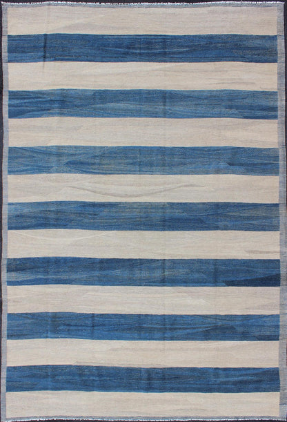 Keivan Woven Arts Modern Stripe Patterned Kilim in Blue and Ivory. Keivan Woven Arts rug AFG - 3439, Keivan Woven Arts / country of origin / type: Afghanistan / Kilim. Measures: 6'4 x 9'8 This playful piece features a all - over design that evokes ... - Keivan Woven ArtsAFG - 3439 - 10396Rug