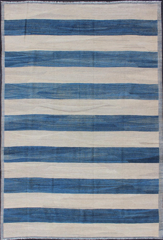 Keivan Woven Arts Modern Stripe Patterned Kilim in Blue and Ivory. Keivan Woven Arts rug AFG - 3439, Keivan Woven Arts / country of origin / type: Afghanistan / Kilim. Measures: 6'4 x 9'8 This playful piece features a all - over design that evokes ... - Keivan Woven ArtsAFG - 3439 - 10396Rug