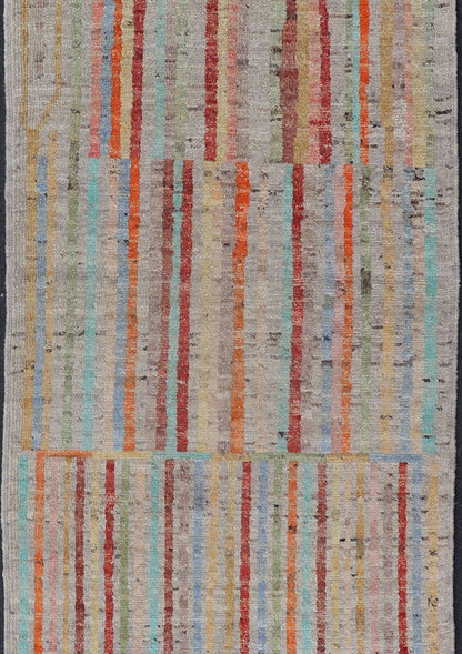 Modern Casual Hand Knotted Piled Runner in Color and Minimalist Modern Design Modern piled runner with ivory/creamy background color and variation of vivid accent colors, rug AFG - 36090, Keivan Woven Arts country of origin / type: Afghanistan / P... - Keivan Woven ArtsAFG - 36090 - 5942 - 16700Rug