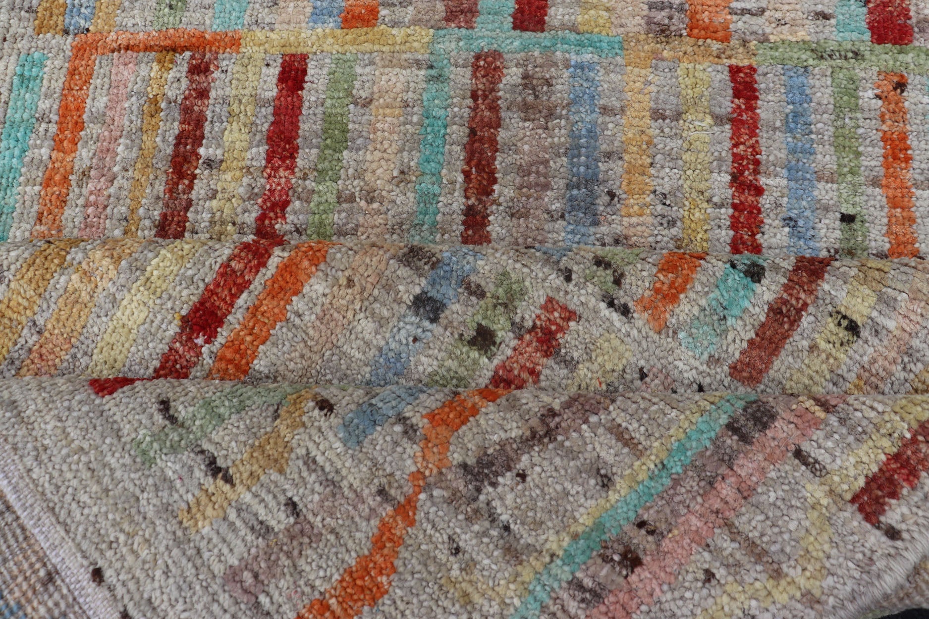Modern Casual Hand Knotted Piled Runner in Color and Minimalist Modern Design Modern piled runner with ivory/creamy background color and variation of vivid accent colors, rug AFG - 36090, Keivan Woven Arts country of origin / type: Afghanistan / P... - Keivan Woven ArtsAFG - 36090 - 5942 - 16700Rug
