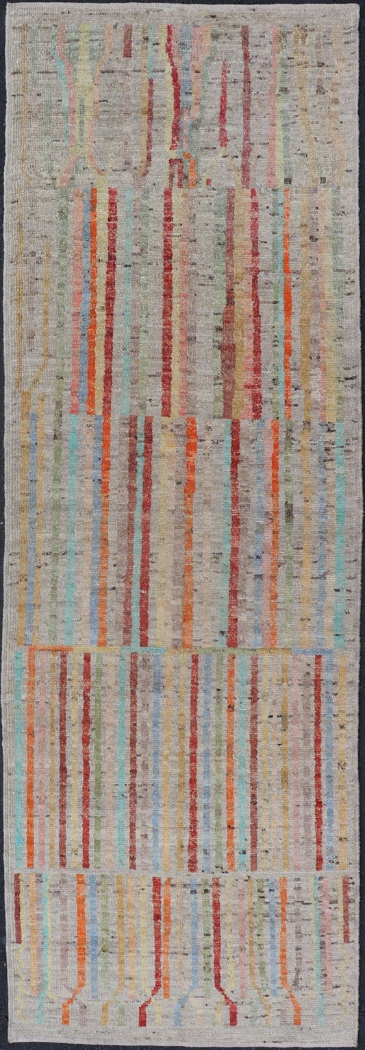 Modern Casual Hand Knotted Piled Runner in Color and Minimalist Modern Design Modern piled runner with ivory/creamy background color and variation of vivid accent colors, rug AFG - 36090, Keivan Woven Arts country of origin / type: Afghanistan / P... - Keivan Woven ArtsAFG - 36090 - 5942 - 16700