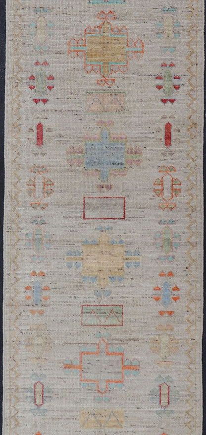 Modern Casual Piled Runner in Color and Minimalist Modern Tribal Design Modern piled runner with ivory/creamy background color and variation of vivid accent colors, rug AFG - 36090, Keivan Woven Arts country of origin / type: Afghanistan / Piled, ... - Keivan Woven ArtsAFG - 36094 - 5944 - 16718Rug