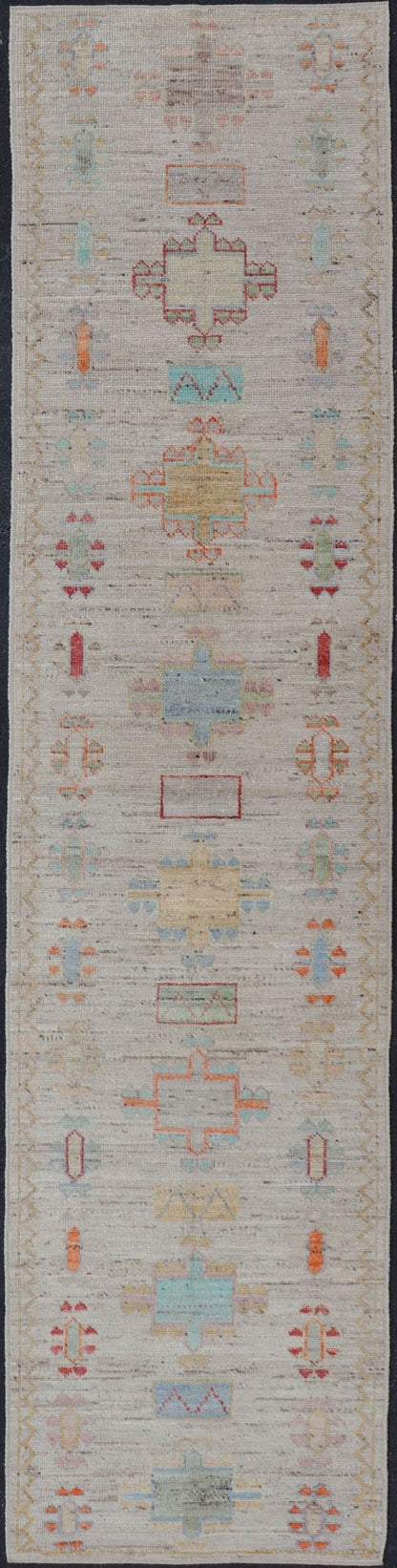 Modern Casual Piled Runner in Color and Minimalist Modern Tribal Design Modern piled runner with ivory/creamy background color and variation of vivid accent colors, rug AFG - 36090, Keivan Woven Arts country of origin / type: Afghanistan / Piled, ... - Keivan Woven ArtsAFG - 36094 - 5944 - 16718Rug