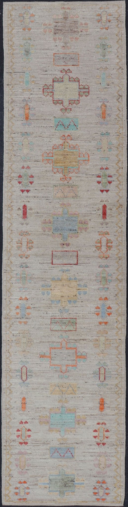 Modern Casual Piled Runner in Color and Minimalist Modern Tribal Design Modern piled runner with ivory/creamy background color and variation of vivid accent colors, rug AFG - 36090, Keivan Woven Arts country of origin / type: Afghanistan / Piled, ... - Keivan Woven ArtsAFG - 36094 - 5944 - 16718Rug