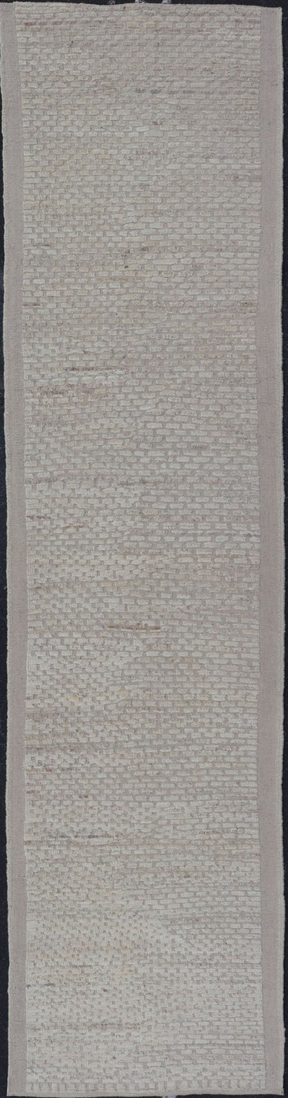 Modern Casual Piled and Kilim Runner in Cream Color and Minimalist Design Modern piled and kilim runner with creamy color and variation of random light taupe accents, Keivan Woven Arts / rug AFG - 36104, country of origin / type: Afghanistan / Pil... - Keivan Woven ArtsAFG - 36104 - 5301 - 16748Rug