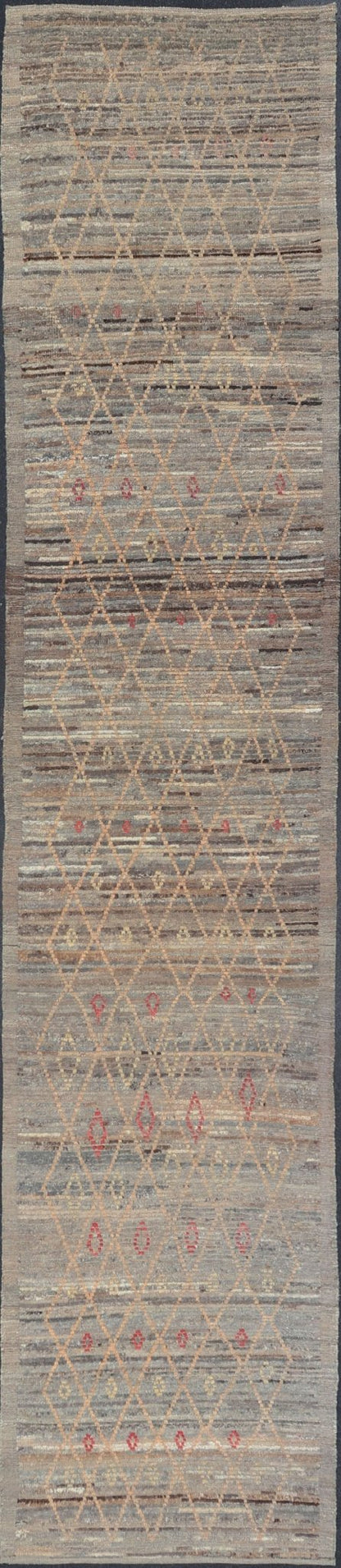 Modern Gallery Long Runner with Tribal Moroccan Design in Gray, Gold, and Red Gray background with gold and red highlights in tribal design and free - flowing Moroccan design, Keivan Woven Arts / rug AFG - 36109, country of origin / type: Afghanista... - Keivan Woven ArtsAFG - 36109 - 6259 - 16760Rug