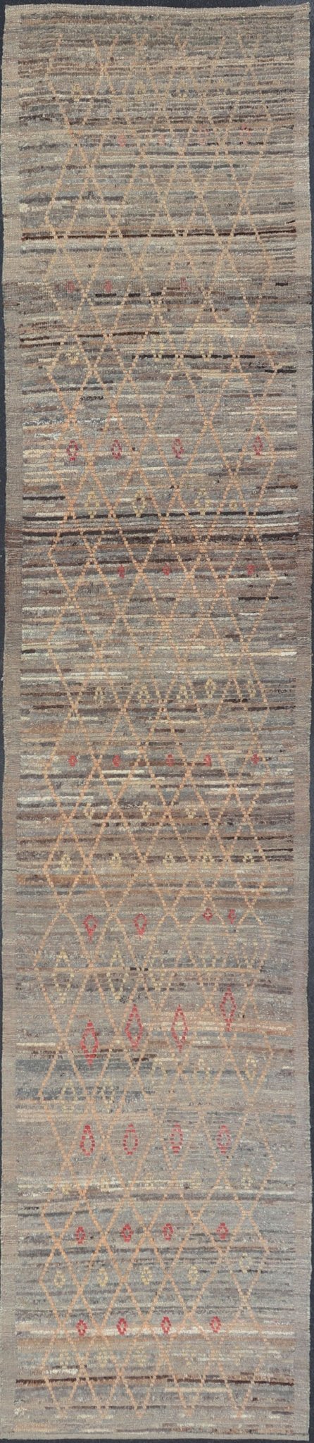 Modern Gallery Long Runner with Tribal Moroccan Design in Gray, Gold, and Red Gray background with gold and red highlights in tribal design and free - flowing Moroccan design, Keivan Woven Arts / rug AFG - 36109, country of origin / type: Afghanista... - Keivan Woven ArtsAFG - 36109 - 6259 - 16760Rug