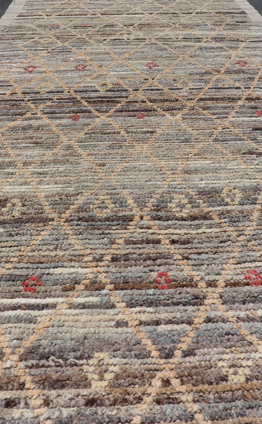 Modern Gallery Long Runner with Tribal Moroccan Design in Gray, Gold, and Red Gray background with gold and red highlights in tribal design and free - flowing Moroccan design, Keivan Woven Arts / rug AFG - 36109, country of origin / type: Afghanista... - Keivan Woven ArtsAFG - 36109 - 6259 - 16760Rug