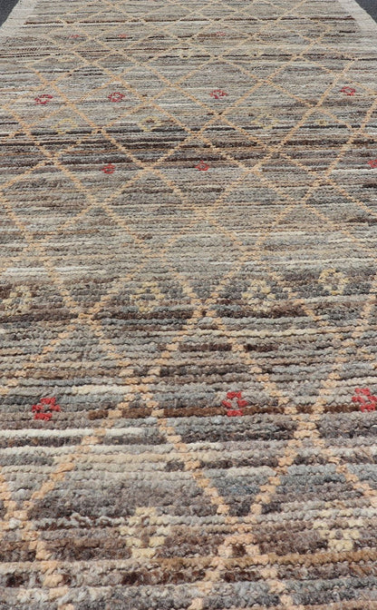 Modern Gallery Long Runner with Tribal Moroccan Design in Gray, Gold, and Red Gray background with gold and red highlights in tribal design and free - flowing Moroccan design, Keivan Woven Arts / rug AFG - 36109, country of origin / type: Afghanista... - Keivan Woven ArtsAFG - 36109 - 6259 - 16760Rug