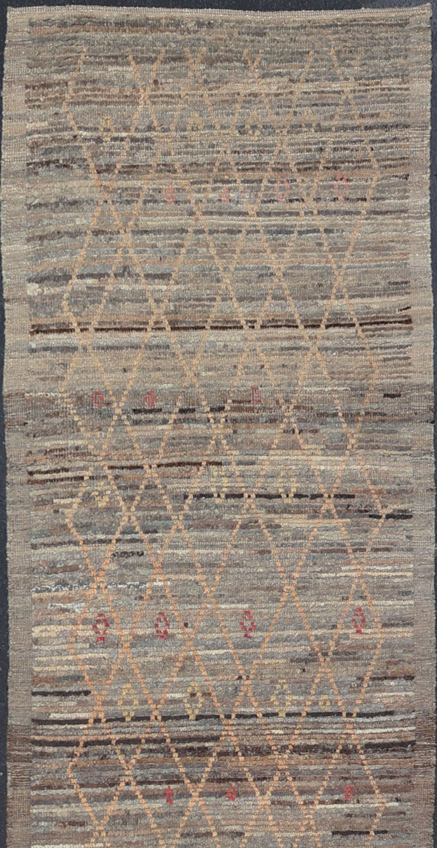 Modern Gallery Long Runner with Tribal Moroccan Design in Gray, Gold, and Red Gray background with gold and red highlights in tribal design and free - flowing Moroccan design, Keivan Woven Arts / rug AFG - 36109, country of origin / type: Afghanista... - Keivan Woven ArtsAFG - 36109 - 6259 - 16760Rug