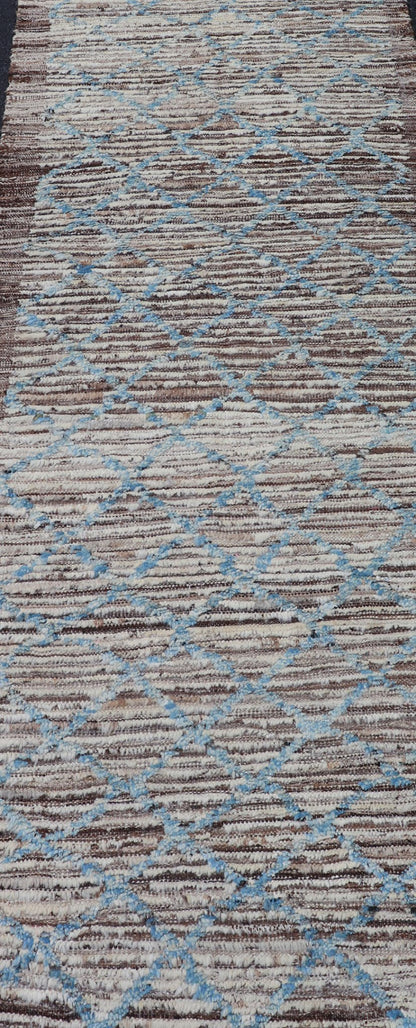 Cream, brown, and sky blue variegated tribal design modern runner, rug AFG - 36110, Keivan Woven Arts country of origin / type: Afghanistan / Modern, condition: new. This brand new rug features a tribal modern design and luscious wool. The color p... - Keivan Woven ArtsAFG - 36110 - 1637 - 16766Rug