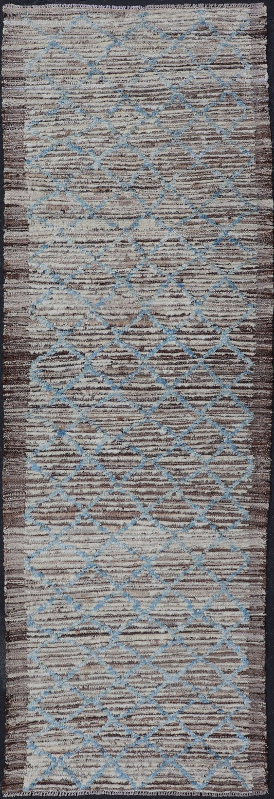 Cream, brown, and sky blue variegated tribal design modern runner, rug AFG - 36110, Keivan Woven Arts country of origin / type: Afghanistan / Modern, condition: new. This brand new rug features a tribal modern design and luscious wool. The color p... - Keivan Woven ArtsAFG - 36110 - 1637 - 16766Rug