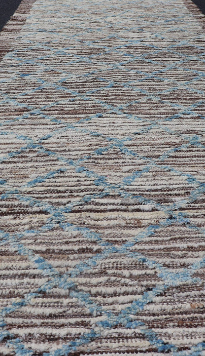 Cream, brown, and sky blue variegated tribal design modern runner, rug AFG - 36110, Keivan Woven Arts country of origin / type: Afghanistan / Modern, condition: new. This brand new rug features a tribal modern design and luscious wool. The color p... - Keivan Woven ArtsAFG - 36110 - 1637 - 16766Rug