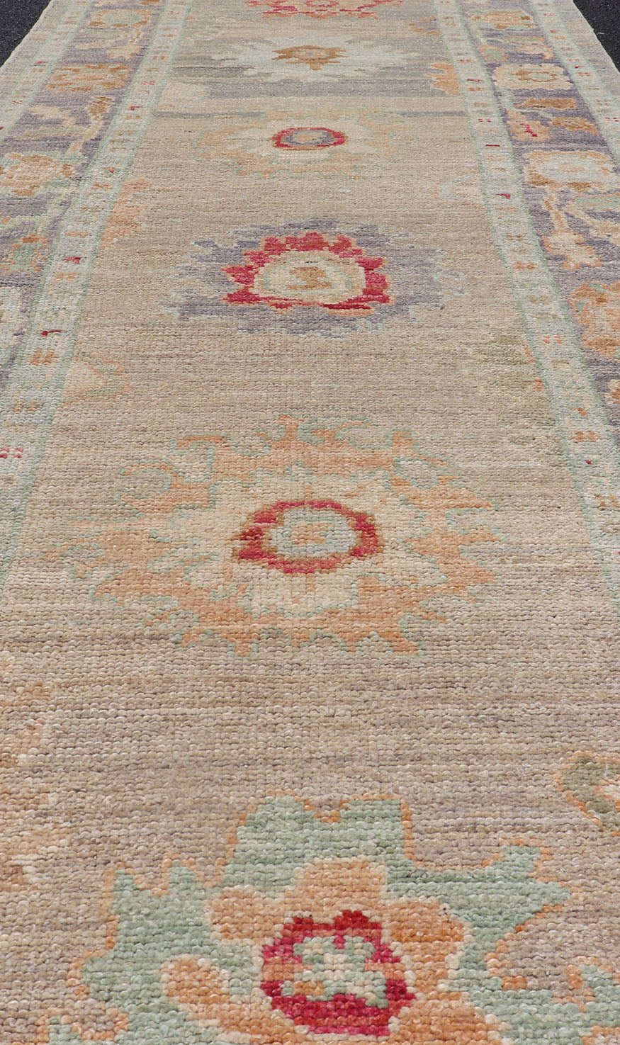 Modern Geometric Oushak in Runner Tan, Taupe, and Multi Pops of Colors. Geometric Oushak rug with tan, pink, orange, blue, neutral color palette and all - over flower design, Keivan Woven Arts/rug AFG - 36119, country of origin / type: Afghanistan ... - Keivan Woven ArtsAFG - 36119 - 6527 - 16802Rug