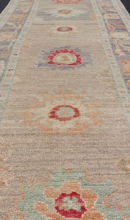 Modern Geometric Oushak in Runner Tan, Taupe, and Multi Pops of Colors. Geometric Oushak rug with tan, pink, orange, blue, neutral color palette and all - over flower design, Keivan Woven Arts/rug AFG - 36119, country of origin / type: Afghanistan ... - Keivan Woven ArtsAFG - 36119 - 6527 - 16802Rug