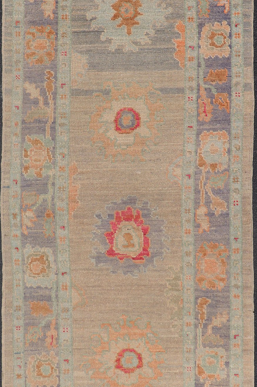 Modern Geometric Oushak in Runner Tan, Taupe, and Multi Pops of Colors. Geometric Oushak rug with tan, pink, orange, blue, neutral color palette and all - over flower design, Keivan Woven Arts/rug AFG - 36119, country of origin / type: Afghanistan ... - Keivan Woven ArtsAFG - 36119 - 6527 - 16802Rug