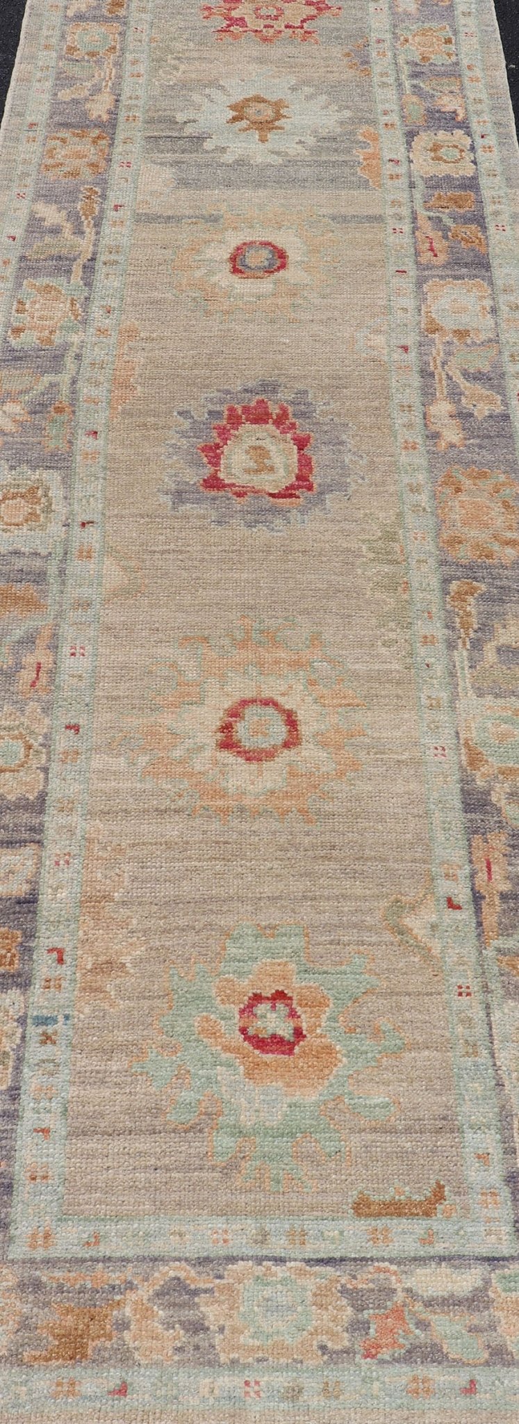 Modern Geometric Oushak in Runner Tan, Taupe, and Multi Pops of Colors. Geometric Oushak rug with tan, pink, orange, blue, neutral color palette and all - over flower design, Keivan Woven Arts/rug AFG - 36119, country of origin / type: Afghanistan ... - Keivan Woven ArtsAFG - 36119 - 6527 - 16802Rug