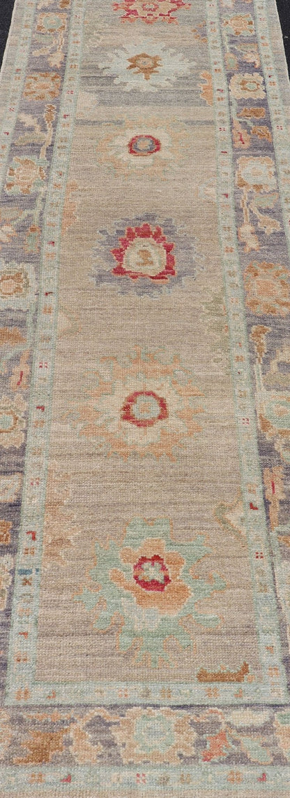 Modern Geometric Oushak in Runner Tan, Taupe, and Multi Pops of Colors. Geometric Oushak rug with tan, pink, orange, blue, neutral color palette and all - over flower design, Keivan Woven Arts/rug AFG - 36119, country of origin / type: Afghanistan ... - Keivan Woven ArtsAFG - 36119 - 6527 - 16802Rug
