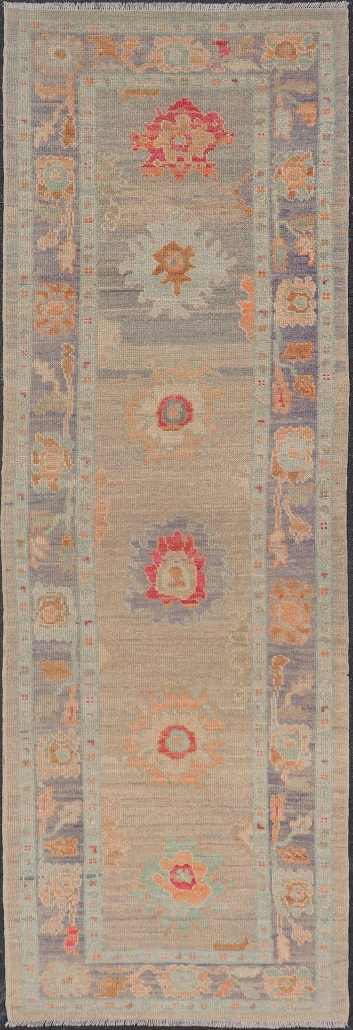 Modern Geometric Oushak in Runner Tan, Taupe, and Multi Pops of Colors. Geometric Oushak rug with tan, pink, orange, blue, neutral color palette and all - over flower design, Keivan Woven Arts/rug AFG - 36119, country of origin / type: Afghanistan ... - Keivan Woven ArtsAFG - 36119 - 6527 - 16802Rug