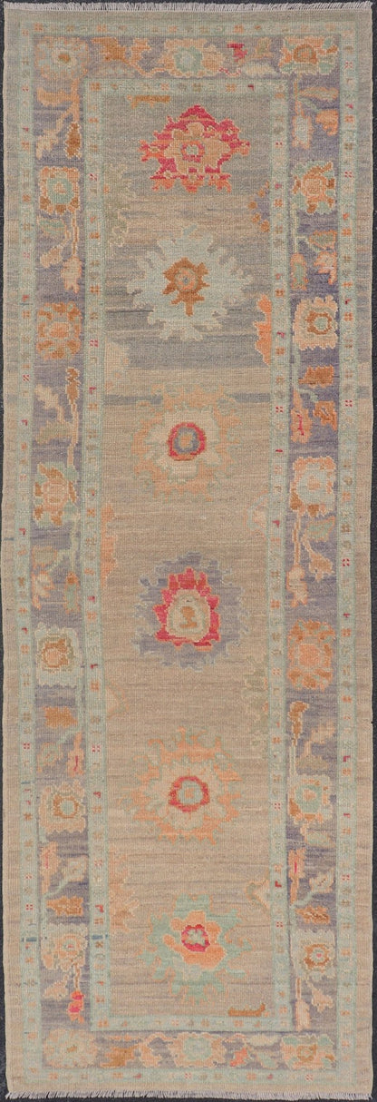 Modern Geometric Oushak in Runner Tan, Taupe, and Multi Pops of Colors. Geometric Oushak rug with tan, pink, orange, blue, neutral color palette and all - over flower design, Keivan Woven Arts/rug AFG - 36119, country of origin / type: Afghanistan ... - Keivan Woven ArtsAFG - 36119 - 6527 - 16802Rug