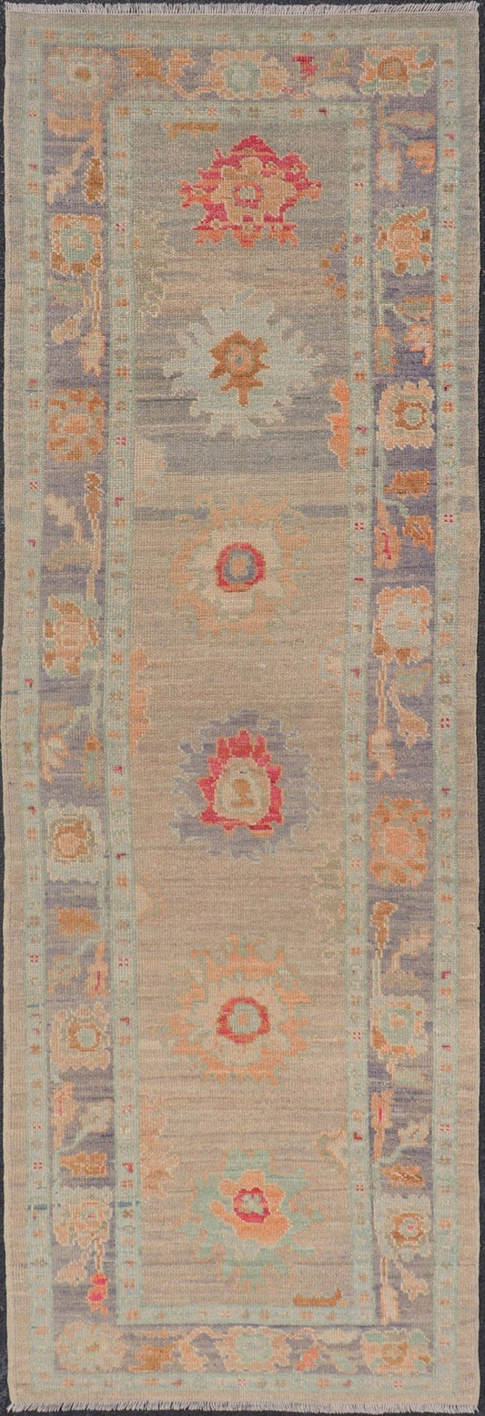 Modern Geometric Oushak in Runner Tan, Taupe, and Multi Pops of Colors. Geometric Oushak rug with tan, pink, orange, blue, neutral color palette and all - over flower design, Keivan Woven Arts/rug AFG - 36119, country of origin / type: Afghanistan ... - Keivan Woven ArtsAFG - 36119 - 6527 - 16802Rug