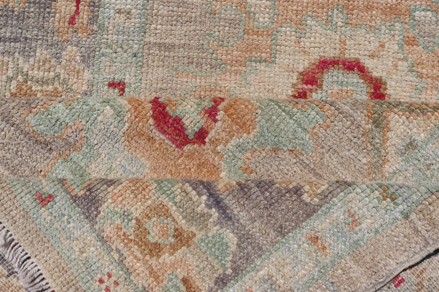 Modern Geometric Oushak in Runner Tan, Taupe, and Multi Pops of Colors. Geometric Oushak rug with tan, pink, orange, blue, neutral color palette and all - over flower design, Keivan Woven Arts/rug AFG - 36119, country of origin / type: Afghanistan ... - Keivan Woven ArtsAFG - 36119 - 6527 - 16802Rug