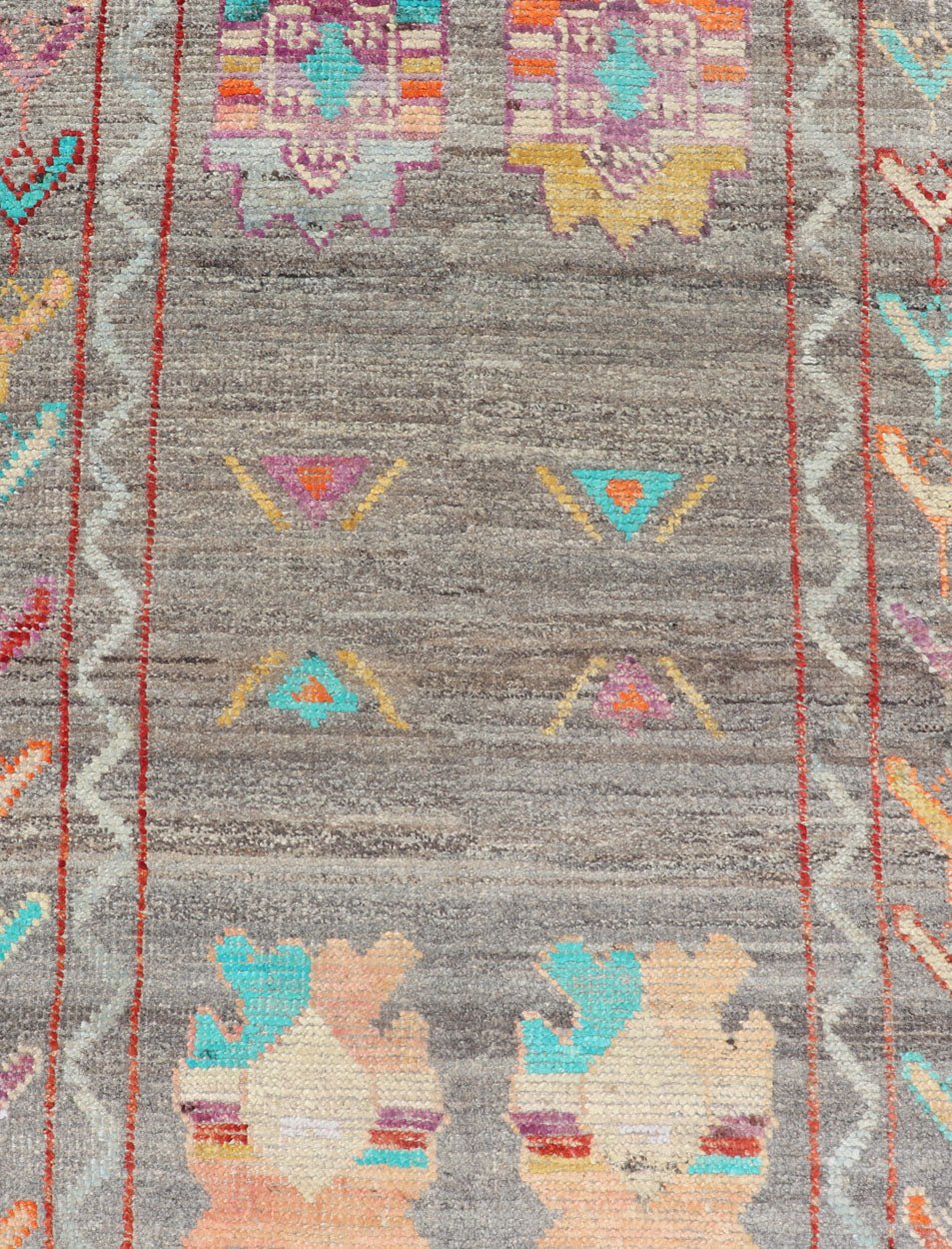 Modern Runner with Tribal Motifs in Warm Gray Background and Vivid Multi Colors. Colorful Runner, Tribal Runner Fine Afghan made, Tribal designed runner in gray and vivid color palette and all - over geometrics Keivan Woven Arts/rug AFG - 36122, co... - Keivan Woven ArtsAFG - 36122 - 5372 - 16808Rug