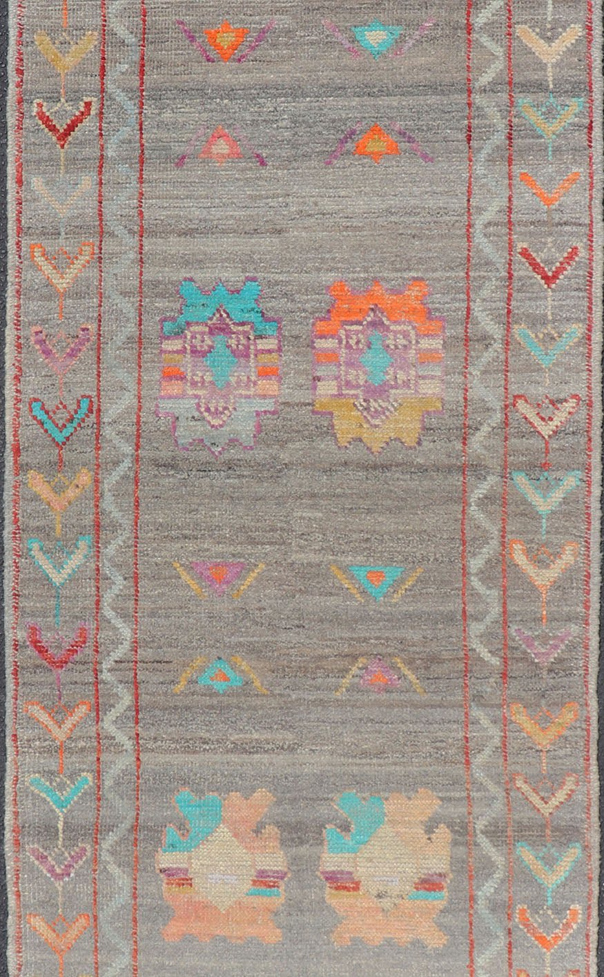 Modern Runner with Tribal Motifs in Warm Gray Background and Vivid Multi Colors. Colorful Runner, Tribal Runner Fine Afghan made, Tribal designed runner in gray and vivid color palette and all - over geometrics Keivan Woven Arts/rug AFG - 36122, co... - Keivan Woven ArtsAFG - 36122 - 5372 - 16808Rug