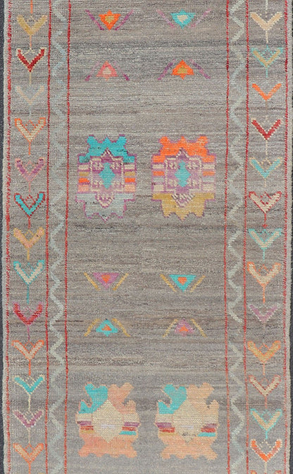 Modern Runner with Tribal Motifs in Warm Gray Background and Vivid Multi Colors. Colorful Runner, Tribal Runner Fine Afghan made, Tribal designed runner in gray and vivid color palette and all - over geometrics Keivan Woven Arts/rug AFG - 36122, co... - Keivan Woven ArtsAFG - 36122 - 5372 - 16808Rug