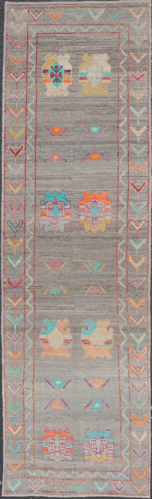 Modern Runner with Tribal Motifs in Warm Gray Background and Vivid Multi Colors. Colorful Runner, Tribal Runner Fine Afghan made, Tribal designed runner in gray and vivid color palette and all - over geometrics Keivan Woven Arts/rug AFG - 36122, co... - Keivan Woven ArtsAFG - 36122 - 5372 - 16808Rug