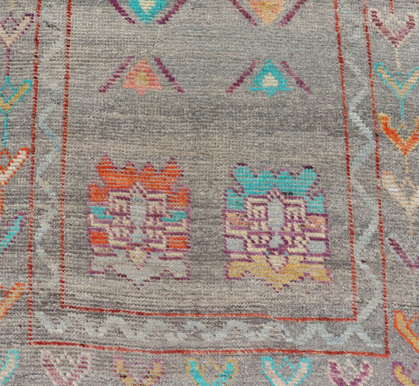 Modern Runner with Tribal Motifs in Warm Gray Background and Vivid Multi Colors. Colorful Runner, Tribal Runner Fine Afghan made, Tribal designed runner in gray and vivid color palette and all - over geometrics Keivan Woven Arts/rug AFG - 36122, co... - Keivan Woven ArtsAFG - 36122 - 5372 - 16808Rug