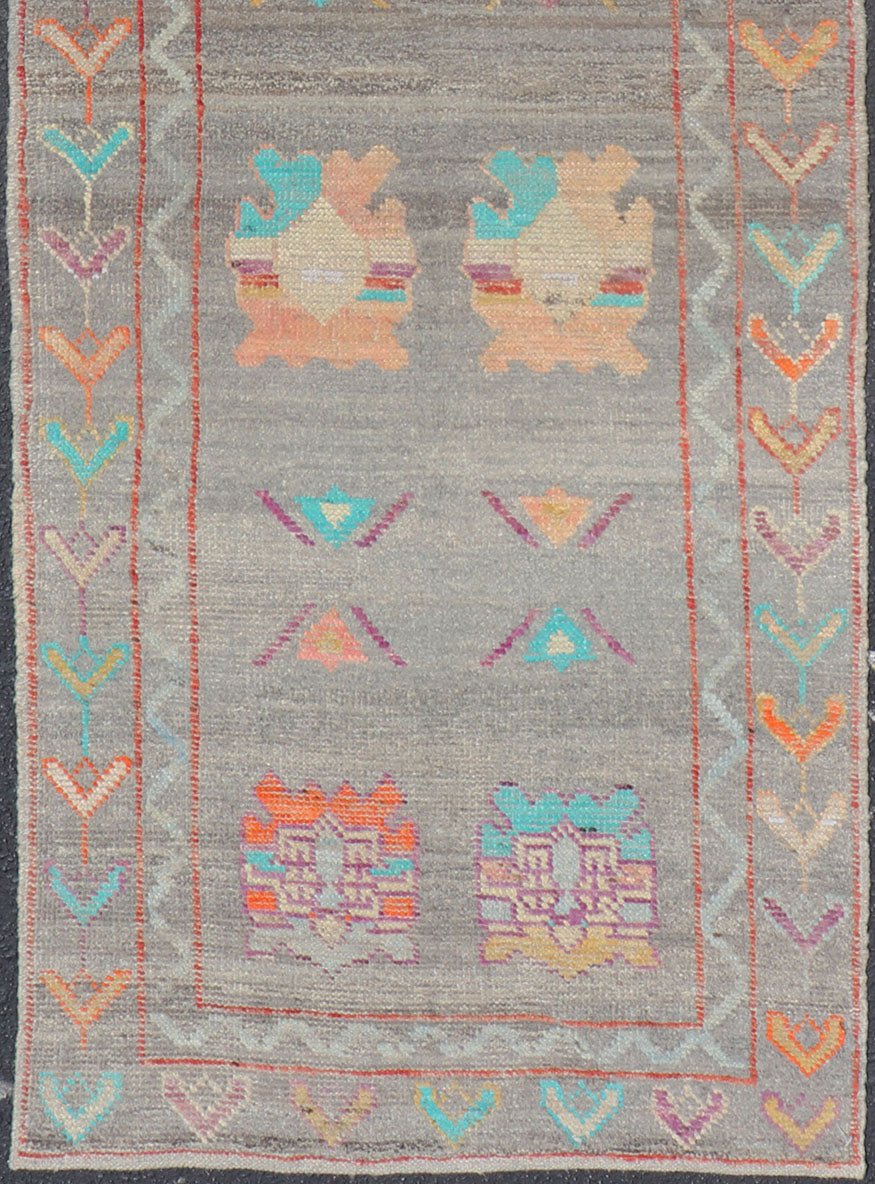 Modern Runner with Tribal Motifs in Warm Gray Background and Vivid Multi Colors. Colorful Runner, Tribal Runner Fine Afghan made, Tribal designed runner in gray and vivid color palette and all - over geometrics Keivan Woven Arts/rug AFG - 36122, co... - Keivan Woven ArtsAFG - 36122 - 5372 - 16808Rug