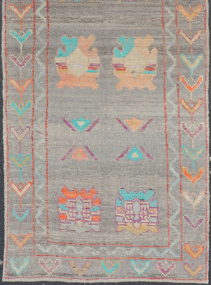 Modern Runner with Tribal Motifs in Warm Gray Background and Vivid Multi Colors. Colorful Runner, Tribal Runner Fine Afghan made, Tribal designed runner in gray and vivid color palette and all - over geometrics Keivan Woven Arts/rug AFG - 36122, co... - Keivan Woven ArtsAFG - 36122 - 5372 - 16808Rug