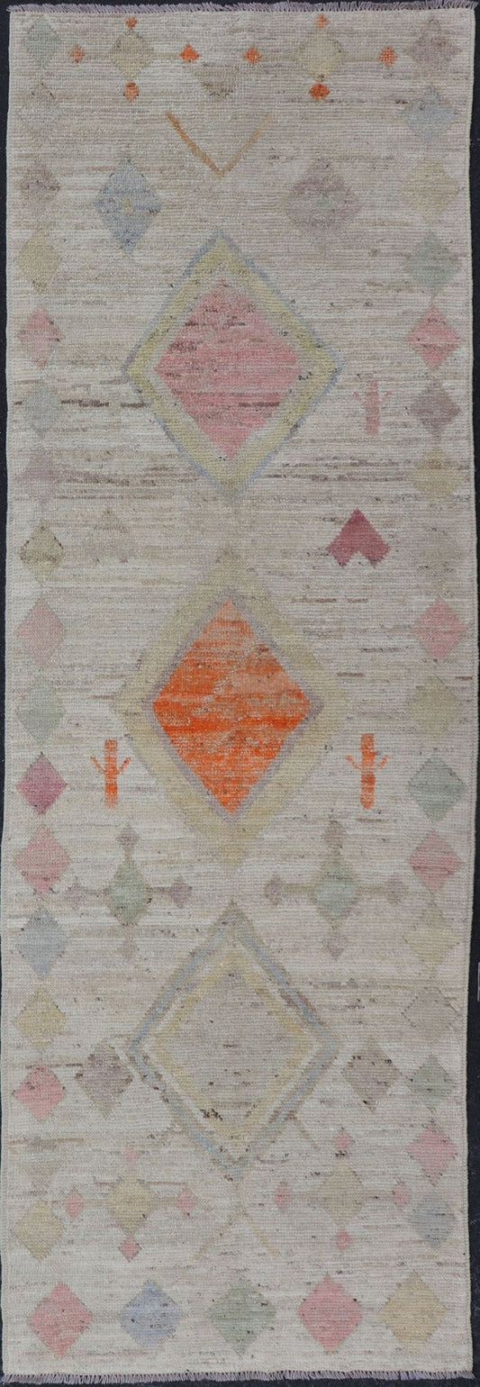 Modern Afghan Tribal Motif Design Runner in Cream and Vivid Colors Afghan Tribal designed runner in cream and vivid color palette and all - over flower design, rug AFG - 36124, Keivan Woven Arts/ country of origin / type: Afghanistan / Modern ... - Keivan Woven ArtsAFG - 36124 - 5931 - 16814Rug