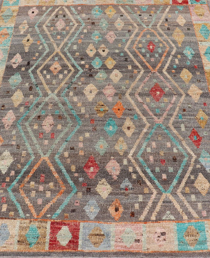 Modern Diamonds and Tribal Design Rug in Gray Background and Vivid Colors. Afghan Tribal designed rug in gray and vivid color palette and tribal design, rug AFG - 36126, country of origin / type: Afghanistan / Modern. Modern rug This modern... - Keivan Woven ArtsAFG - 36126 - 6224 - 16820Rug