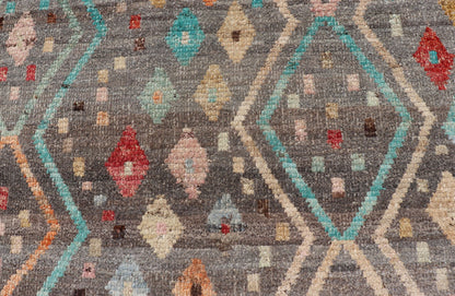 Modern Diamonds and Tribal Design Rug in Gray Background and Vivid Colors. Afghan Tribal designed rug in gray and vivid color palette and tribal design, rug AFG - 36126, country of origin / type: Afghanistan / Modern. Modern rug This modern... - Keivan Woven ArtsAFG - 36126 - 6224 - 16820Rug