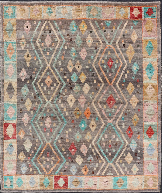 Modern Diamonds and Tribal Design Rug in Gray Background and Vivid Colors. Afghan Tribal designed rug in gray and vivid color palette and tribal design, rug AFG - 36126, country of origin / type: Afghanistan / Modern. Modern rug This modern... - Keivan Woven ArtsAFG - 36126 - 6224 - 16820